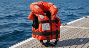 US Coast Guard approved Type I infant life jacket designed for offshore boating with maximum buoyancy.