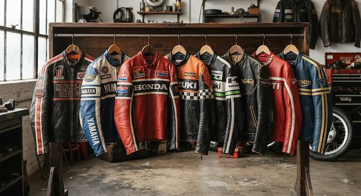 A collection of popular vintage leather racing jacket brands displayed on hangers.