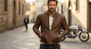 Vintage-inspired perforated leather racing jacket with classic cafe racer collar and snap-tab closure.