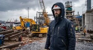 A dark navy water resistant FR rated work jacket featuring an adjustable protective hood.