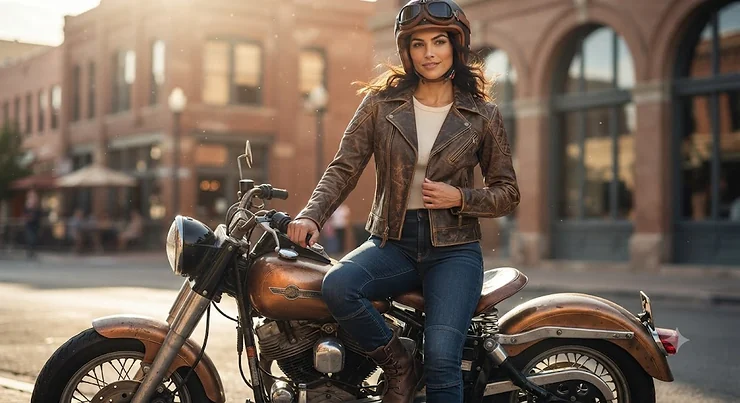 Woman showcasing the best motorcycle leather jacket in distressed brown leather with asymmetrical zippers.