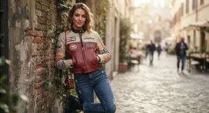 Women's stylish retro racing jacket with patches, showcasing a cropped fit and authentic motorsports aesthetic.
