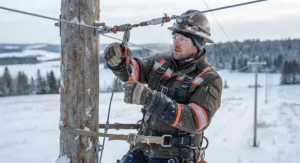 Lineman wearing an FR insulated jacket while performing maintenance on an outdoor electrical power line during winter.