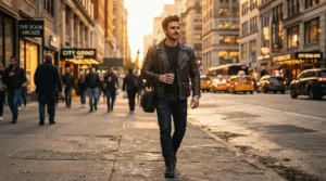 Man wearing the best bomber jacket men classic black leather style while walking down a city sidewalk