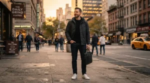 Man wearing the best bomber jacket men classic brown leather style outdoors