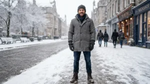Man wearing the best bomber jacket men grey wool blend for cold weather layered styling