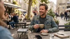 A relaxed weekend aesthetic featuring the best denim jacket men at a local coffee shop