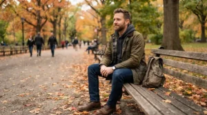 A man wearing the best denim jacket men layered with a hoodie for cool autumn weather