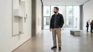 A crisp raw indigo edition of the best denim jacket men paired with chinos