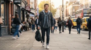 A man styling the best denim jacket men streetwear outfit in downtown New York City