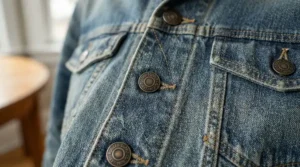 Close-up details of the best denim jacket men vintage wash showing rugged fabric texture