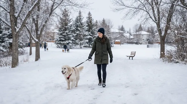A man walking his dog through a snow-covered neighborhood park, protected by the best down puffer jacket.