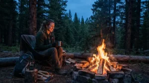 A man sitting by a campfire at a woodland campsite, staying warm in his mens down puffer jacket.