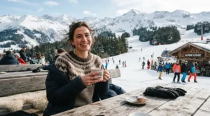 A visitor relaxing at an Aspen ski resort patio, drinking hot coffee in their best down puffer jacket.