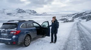 A driver standing next to a car parked at a scenic Yellowstone viewpoint, wrapped in the best down puffer jacket.
