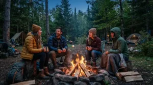 Friends gathered around an evening campfire staying warm in the best puffer jacket men.