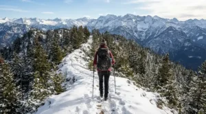 An outdoor enthusiast wearing the best puffer jacket men while hiking on a snowy mountain trail.