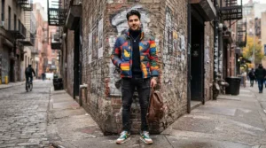 A stylish urban outfit featuring the best puffer jacket men paired with casual streetwear.