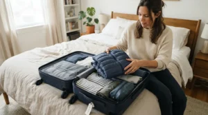 A traveler packing a lightweight version of the best puffer jacket men into a compact travel bag.
