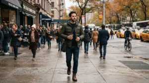 A man walking through a bustling downtown street wearing the best puffer jacket men for cold city commutes.
