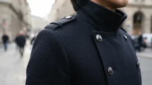 Close up of a man in a black cotton military style jacket men urban outfit