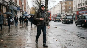 A stylish man walking down a city street wearing a black leather classic bomber jacket over a grey hoodie.