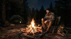 A man relaxing by a campsite fire wearing a classic denim jacket men layer