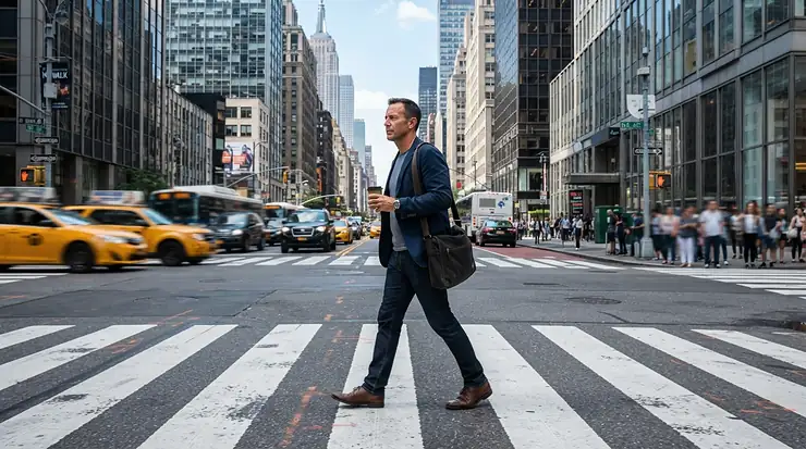 A man walking across a busy metropolitan street wearing a classic denim jacket men