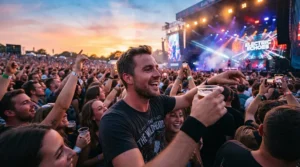 A man enjoying a live outdoor concert in a classic denim jacket men design