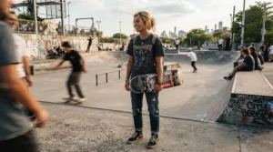 A skateboarder sporting a classic denim jacket men piece at a local park