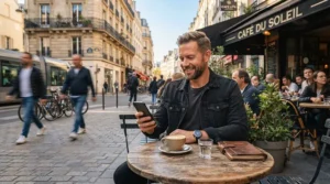 A man in a classic denim jacket men look sitting at a downtown café