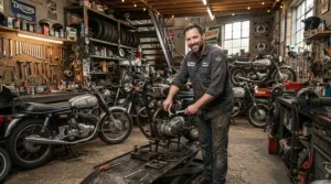 A mechanic posing with a classic denim jacket men apparel piece in a workshop