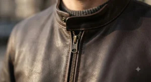 Close-up of premium dark brown leather texture on a men's casual jacket collar and zipper.
