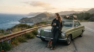 A weekend getaway scene showing a man wearing a diamond quilt pattern jacket for casual travel.