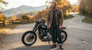 Rugged distressed brown leather jacket designed for men seeking a vintage casual style.