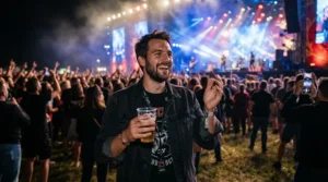 Concert outfit inspiration showcasing a distressed denim jacket men fashion look at an outdoor music festival.