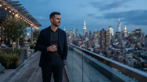 Evening wear inspiration showing a distressed denim jacket men styling for a rooftop lounge gathering.