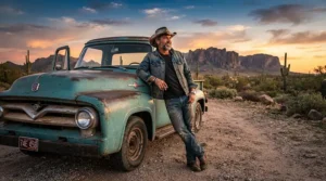 Road trip ready outfit featuring a distressed denim jacket men design next to a classic vintage pickup truck.