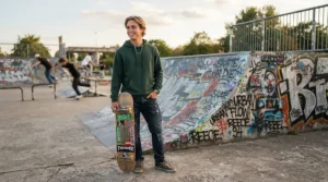 Skate culture aesthetic with a distressed denim jacket men piece worn near an urban concrete skate park.