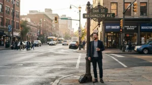 Urban exploration style featuring a distressed denim jacket men piece on a historic downtown street corner.