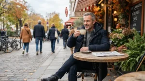 A man sitting at an outdoor Seattle coffee shop table wearing a cozy long puffer jacket men option.