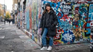 Streetwear fashion styling featuring a long puffer jacket men look paired with urban sneakers and hoodie.