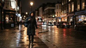 Evening winter stroll in Boston illuminated by streetlights showcasing a long puffer jacket men coat.