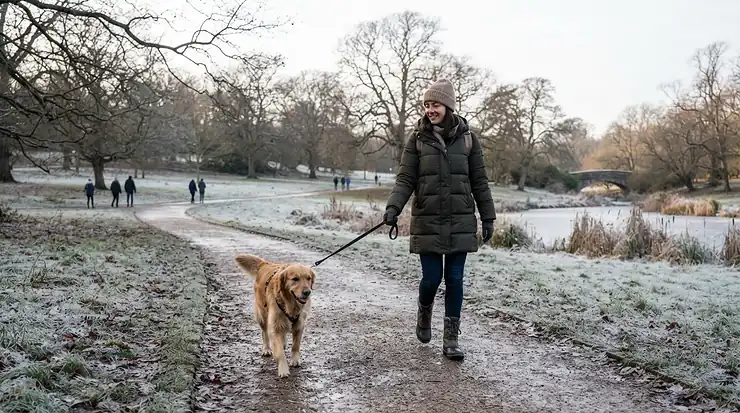 A man walking his dog through a frosty Central Park in a practical long puffer jacket men garment.