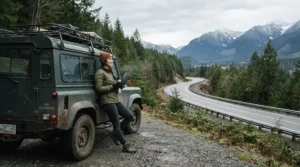 A traveler standing by a classic car on a cold highway wearing a durable long puffer jacket men coat.