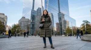 Modern architectural backdrop highlighting the silhouette of a long puffer jacket men winter outfit.