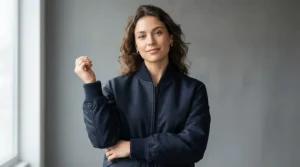 Studio portrait of a model showcasing the ribbed collar and cuffs of a ma-1 bomber jacket.