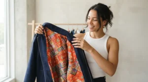 A person reversing their ma-1 bomber jacket to reveal the high-visibility safety-colored interior fabric.