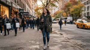 A person wearing a classic green ma-1 bomber jacket while walking down a bustling New York City sidewalk.