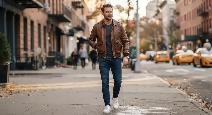 Man wearing a classic brown leather bomber jacket for a casual weekend look.